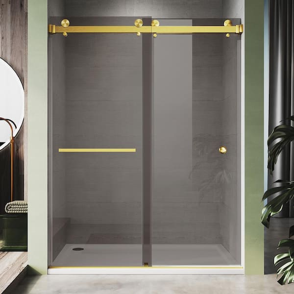 UNIKOO UKD01 56 to 60 in. W x 80 in. H Double Sliding Frameless Shower Door in Satin Brass, EnduroShield 3/8 in. Gray Glass