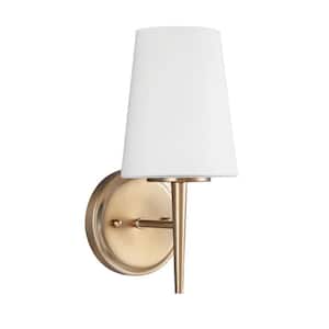 Driscoll 5 in. 1-Light Contemporary Modern Satin Brass Wall Sconce Bathroom Vanity Light with Etched White Glass