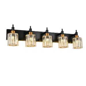 Orillia 35.43 in. 5-Light Black and Gold Bathroom Vanity Light Fixture Wall Sconce with Crystal