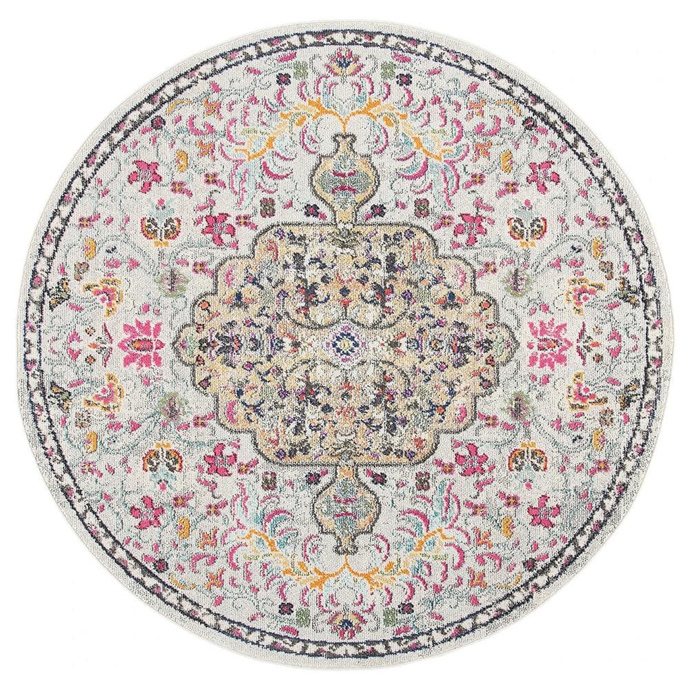 Gray Polypropylene 6 ft. 7 in. x 6 ft. 7 in. Medallion Indoor Round Area Ru