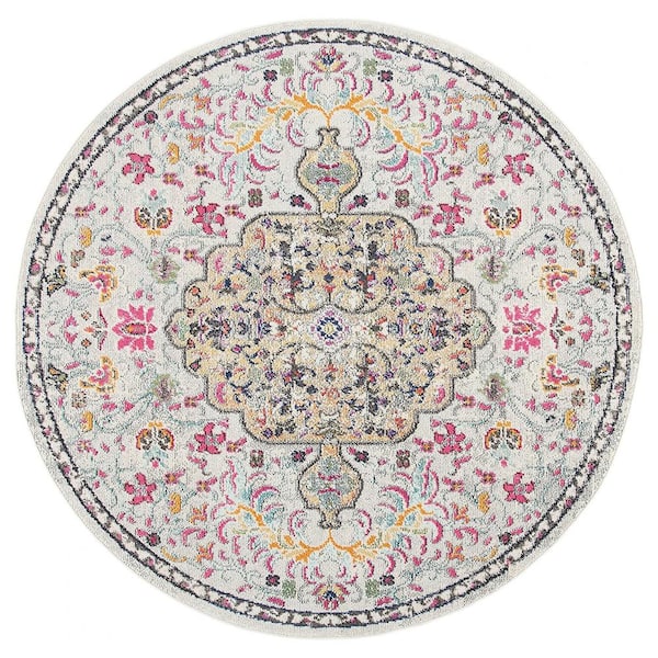 Unbranded Gray Polypropylene 6 ft. 7 in. x 6 ft. 7 in. Medallion Indoor Round Area Rug