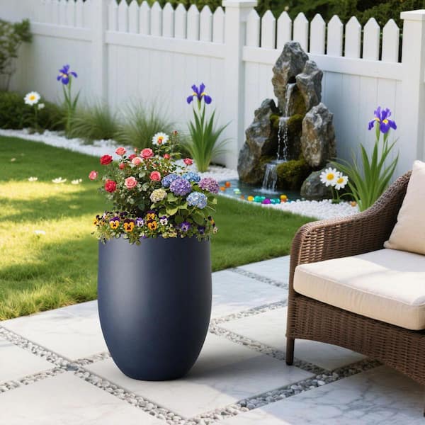16 in. Large Navy Blue Concrete Tall Round Planter / Pot with Drainage Hole for Indoor and Outdoor