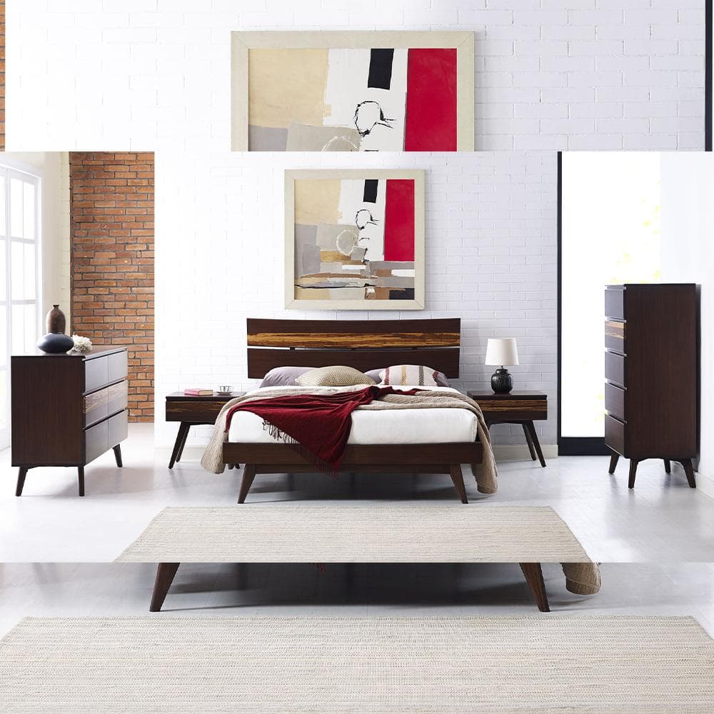 Sarah 5-Pieces Brown Burgundy Wood Frame King Platform Bedroom Set with 2-N