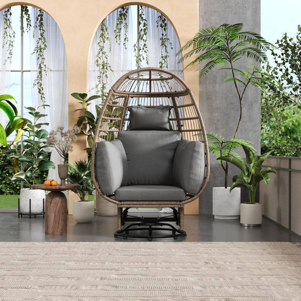 Tenleaf Natural Wicker Rattan Outdoor Rocking Chair with Gray Cushions ...
