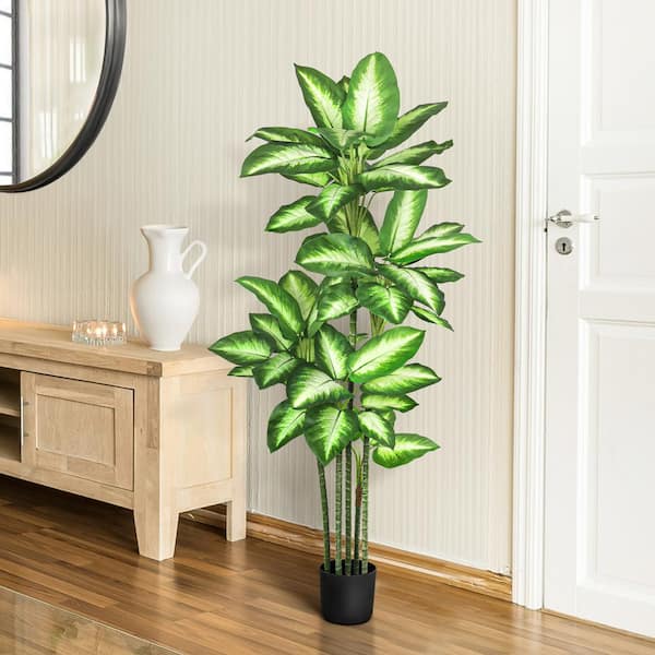 4 ft. Real Touch Green White Artificial Dieffenbachia Tree in Black Pot