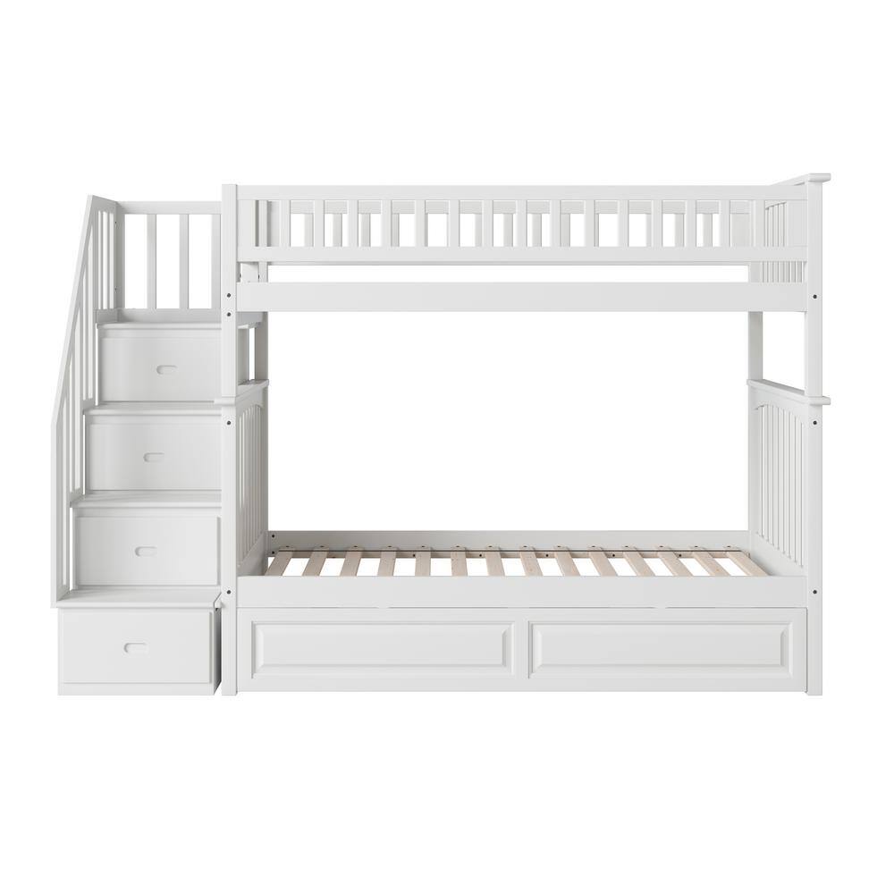White Twin Over Twin Wood Bunk Bed with Trundle and Storage