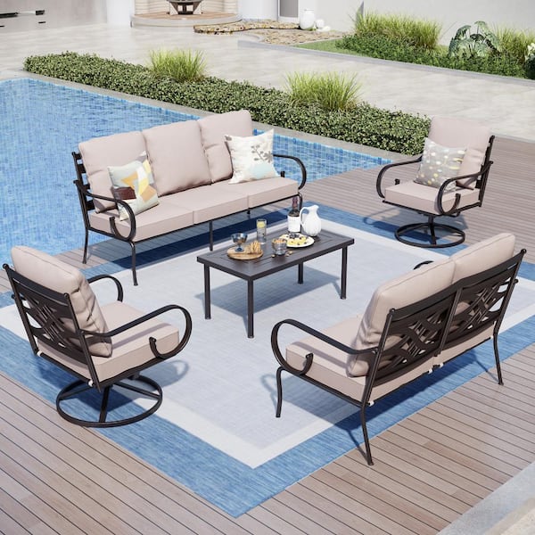 PHI VILLA 7 Seat 5-Piece Black Metal Steel Outdoor Patio Conversation Set with Beige Cushions, 2 Swivel Chairs And Table
