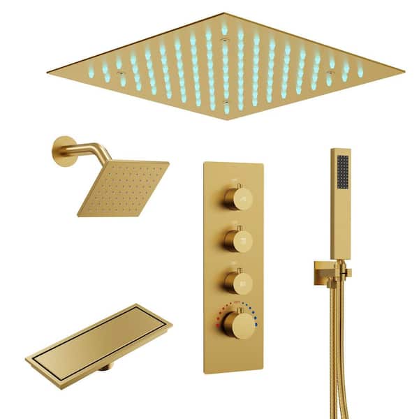 1 Handle 12 in. LED Mood Light Shower Faucet, Dual Ceiling Mount and Handheld, 7 Spray Features, 2.5 GPM Brushed Gold