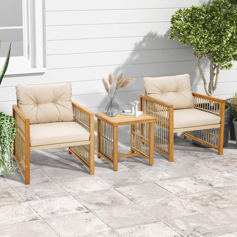 3-Pieces Patio PE Wicker Conversation Set with Wood Frame and Beige Cushions price history on PriceWatchPro