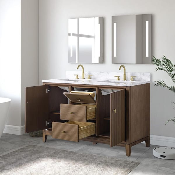 54 in. W x 34 in. H Double Sink Walnut Bath Vanity Cabinet with Arabescato White Engineered Marble Top