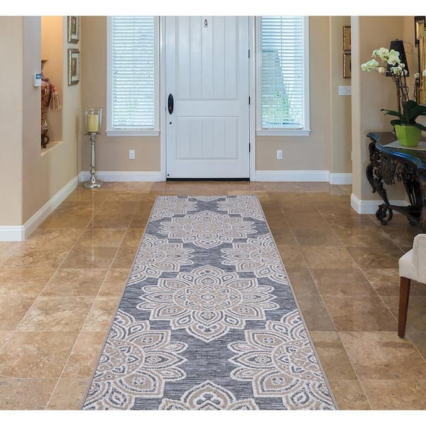 Gray 2 ft. x 7 ft. Floral Indoor/Outdoor Patio Runner Rug