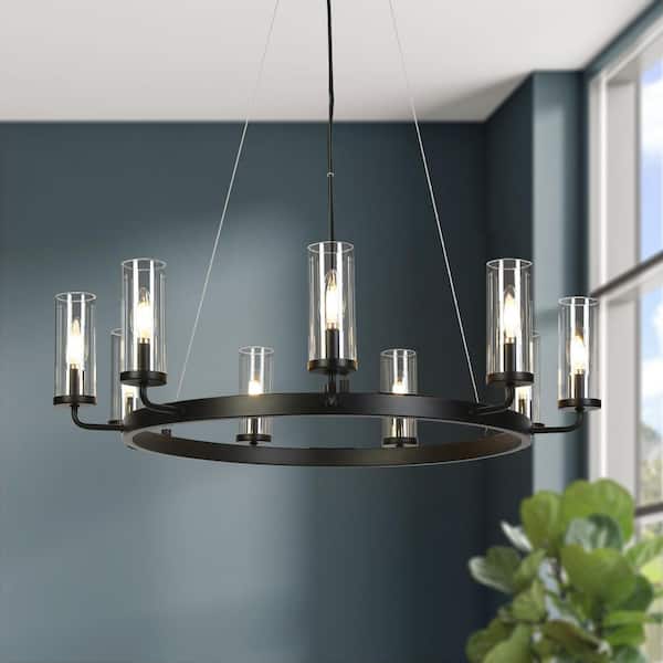 Modern Black 31 in. 9-Light Wagon Wheel Chandelier Round Island Candlestick Chandelier with Cylinder Clear Glass Shades