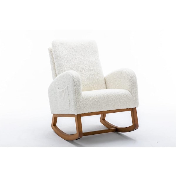 Sudzendf White Teddy Solid Wood Outdoor Rocking Chair with White Cushions
