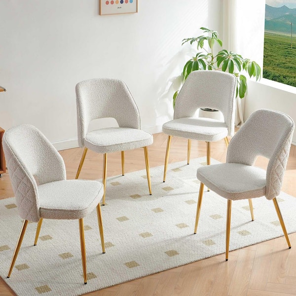CSC DECOR INC Off White Boucle Upholstered Dining Chairs with Metal Legs and Hollow Back Modern Accent Kitchen Room Chairs (Set of 4)