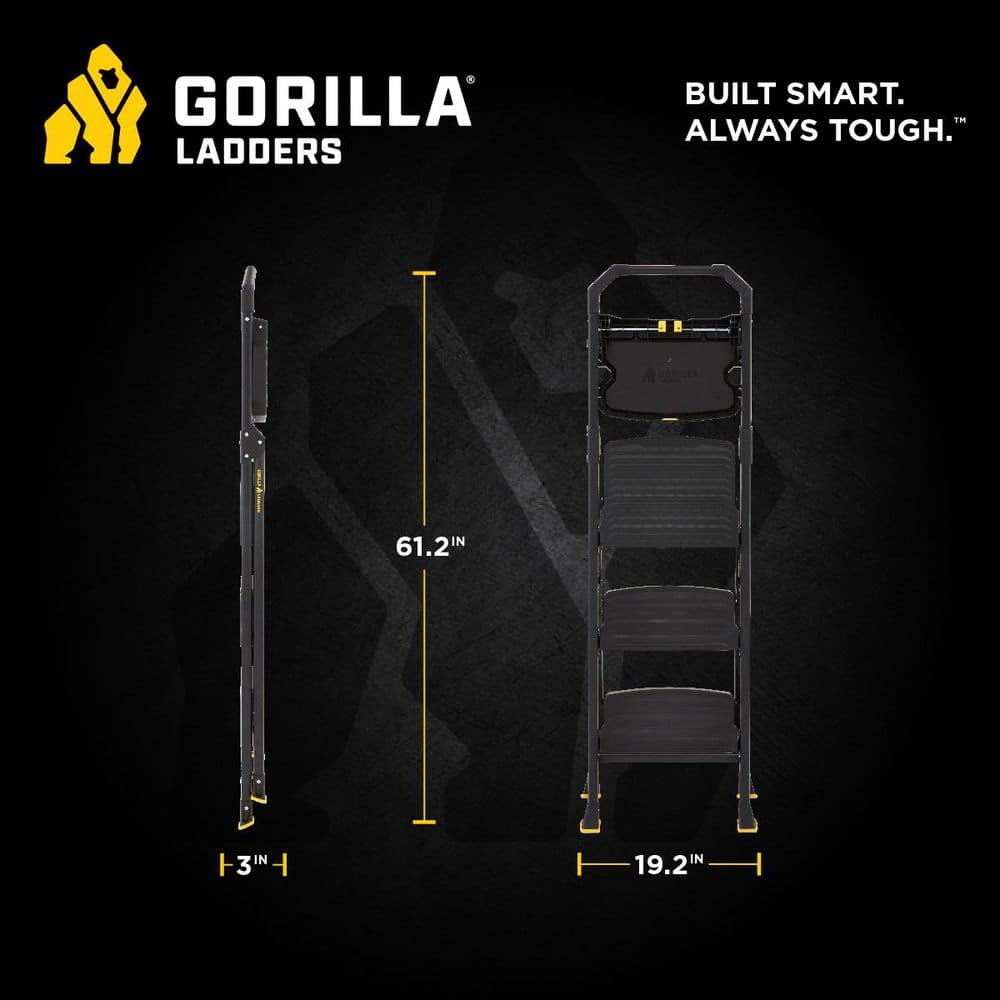 Gorilla Ladders 3-Step Pro-Grade Steel Step Stool Project Ladder, 300 lbs. Load Capacity Type IA Duty Rating (9ft. Reach Height) GLHD-3T