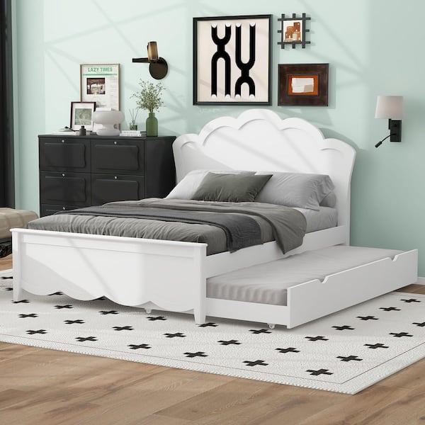 Ariana White Wood Frame Full Size Platform Bed with Headboard, Twin Size Trundle