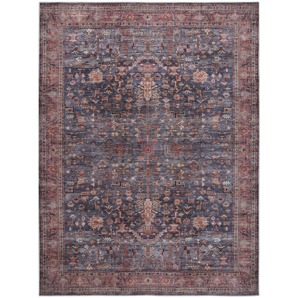Nourison Machine Washable Brilliance Navy/Brick 9 ft. x 12 ft. Floral Traditional Area Rug