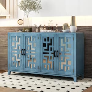 Navy Retro Wood 60 in. 4-Door Mirrored Buffet Sideboard with Metal Pulls and Hollow-Mirrored Pattern