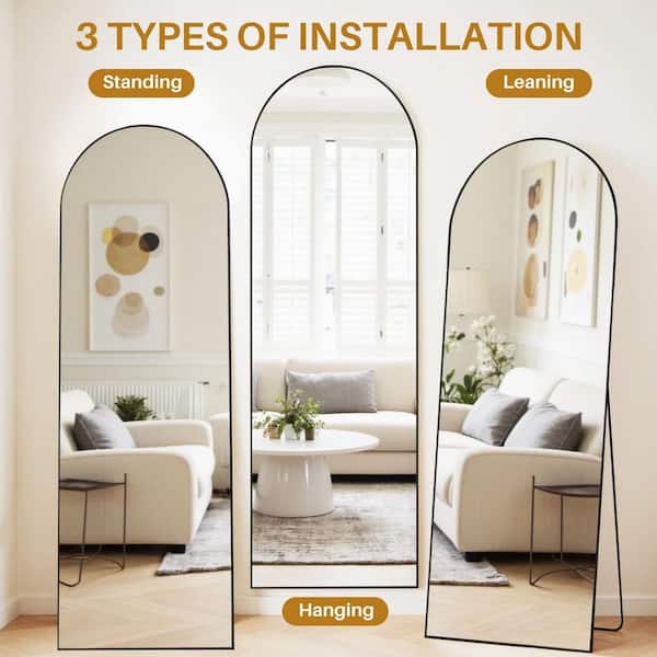 64 in. x 21 in. Full Length Arched Top Wall Mount Bathroom Vanity Mirror with Stand Aluminum Alloy Thin Frame in Black