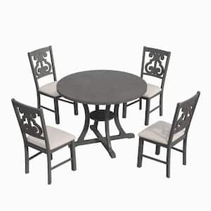 5-Piece Wood Top Gray Round Dining Table and 4 Upholstered Chairs with Hollow Back Set