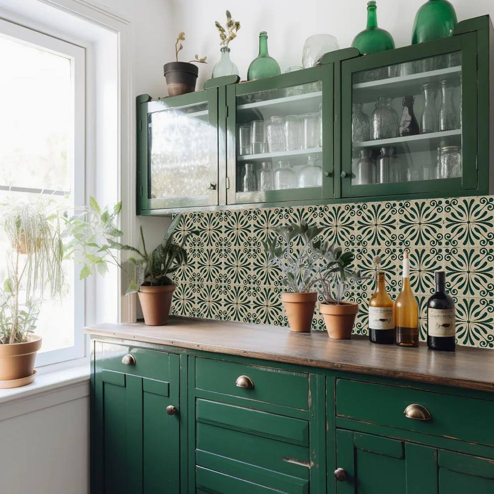 Dark Green and Antique White Vinyl Peel and Stick Tile 8x8