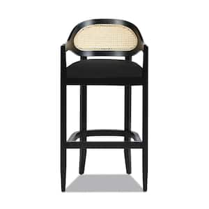 Americana 30.5 in. Mid-Century Modern Oak Wood Frame Cane Rattan Back Bar Height Bar Stool in Black