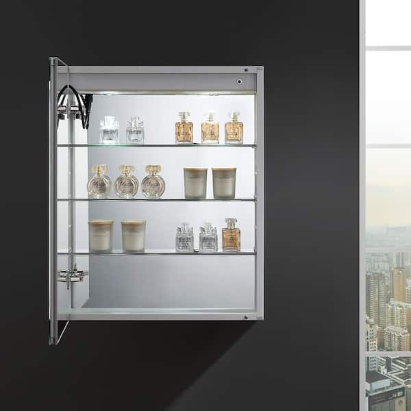 Spazio 24 in. W x 30 in. H Recessed or Surface Mount Medicine Cabinet with LED Lighting, Mirror Defogger and Left Hinge Spazio 24 in. W x 30 in. H Recessed or Surface Mount Medicine Cabinet with LED Lighting, Mirror Defogger and Left Hinge