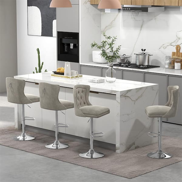 Costway 26.5 in. adjustable Grey Metal Bar Stool with Dutch Velvet Seat Footrest Metal Base Anti-Slip Ring Pink (Set of 2)