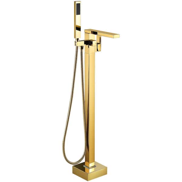 Single-Handle Claw Foot Tub Faucet Freestanding Floor Mount Roman Tub Faucet with Waterfall Spout in Polished Gold
