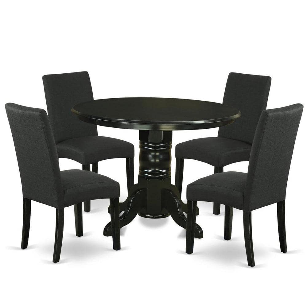 Sophisticated Black 5-Piece Round Dining Set with Linen Chairs