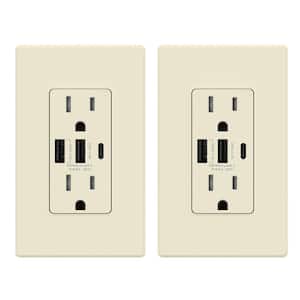 30-Watt 15 Amp 3-Port Type C and Dual Type A USB Duplex USB Wall Outlet, Wall Plate Included, Light Almond(2-Pack)