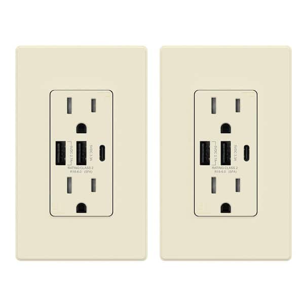 ELEGRP 30-Watt 15 Amp 3-Port Type C and Dual Type A USB Duplex USB Wall Outlet, Wall Plate Included, Light Almond(2-Pack)