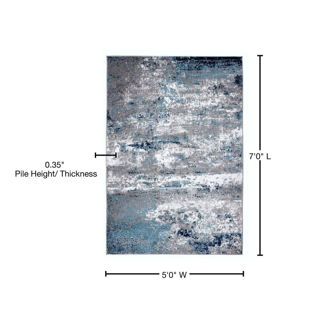 Reversible Abstract Watercolor Blue 5' x 7' Easy-Care Area Rug