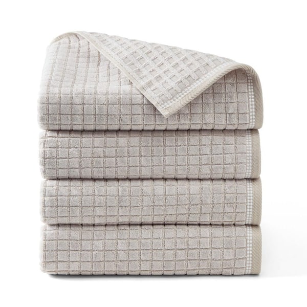 Windowpane Textured 30 in. x 58 in. Beige Cotton Bath Towel Set 4-Pack