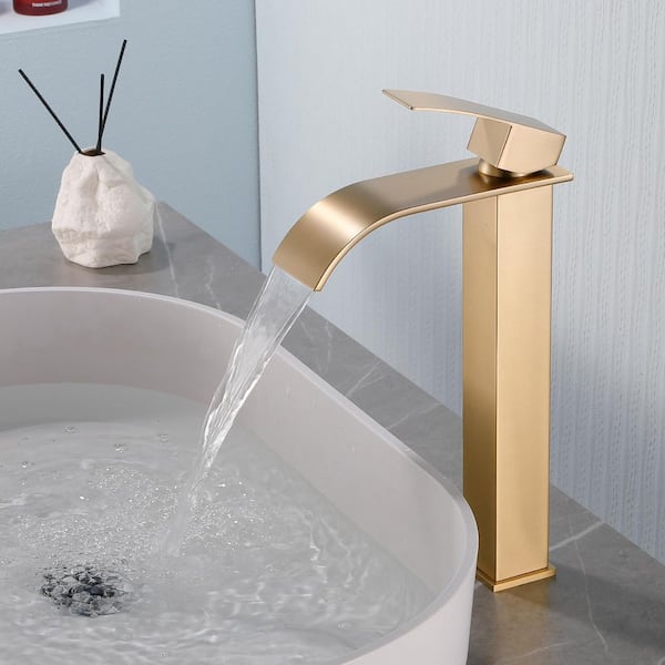 Waterfall Single Handle Vessel Sink Faucet with Pop-Up Drain, Tall Single Hole Bathroom Sink Faucet in Brushed Gold