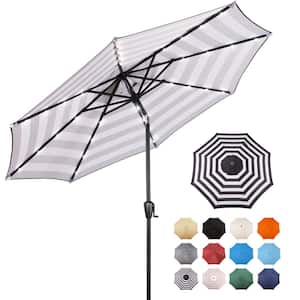 9 ft. Steel Market Solar Lighted 8-Rib Round Patio Umbrella in Black and White Stripe