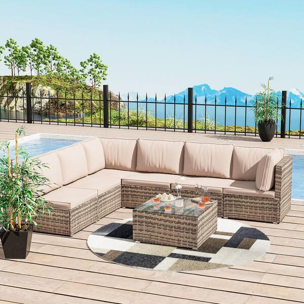 Cesicia Brown Frame 7-Piece Wicker Patio Conversation Set with Beige Cushions Pillows and Glass Table