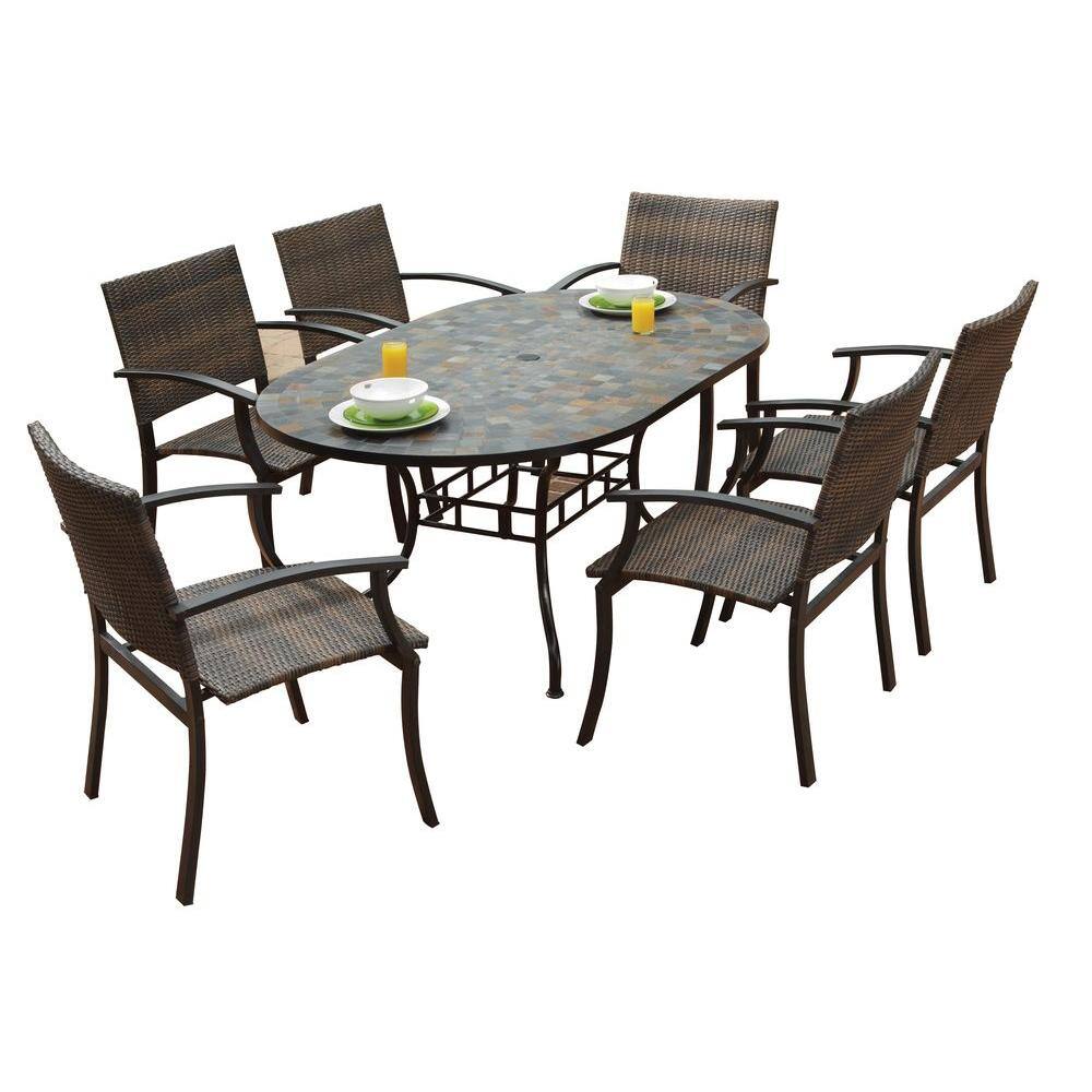 Homestyles Stone Harbor 7 Piece Slate Tile Top Rectangular Patio Dining Set With Newport Chairs 5601 33812 The Home Depot