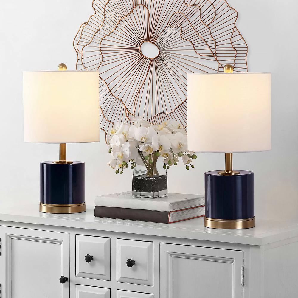 Jayce Navy Blue Glass Table Lamp Set with White Shades