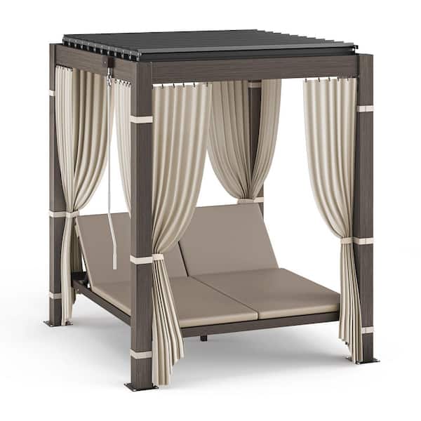 Himba 6.5 ft. x 6 ft. Gray Aluminum Outdoor Gazebo Adjustable Louvered Roof Day Bed with Cushion Reclining Backrest