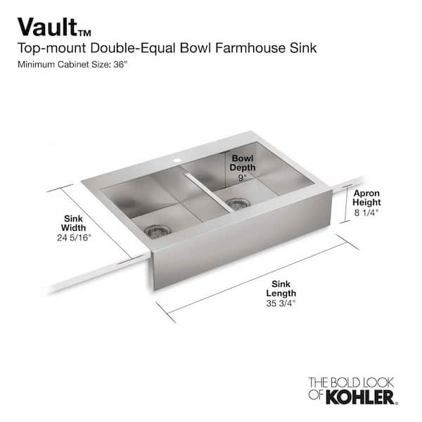 KOHLER Vault 35.75-in x 24.3125-in Single Bowl Tall (8-in or Larger) Drop-In Apron Front/Farmhouse 2-Hole Commercial/Residential Kitchen Sink