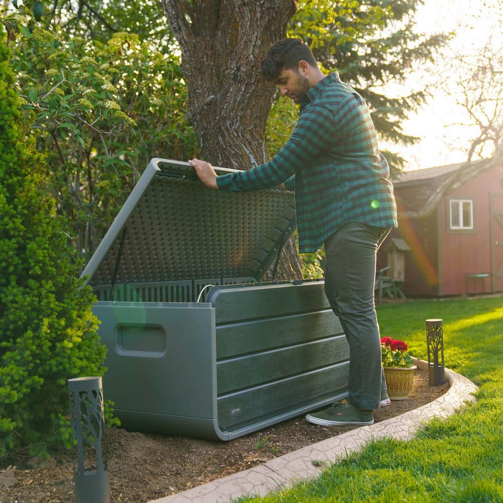Gray Lockable Plastic Outdoor Storage Deck Box, 136 Gallon