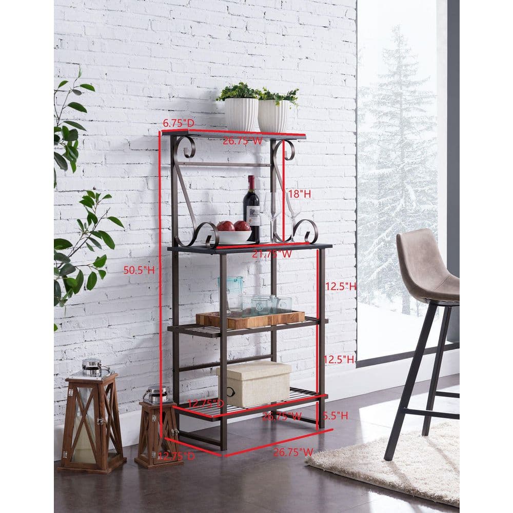 Pewter and Black Metal Baker's Rack with Wood Shelves