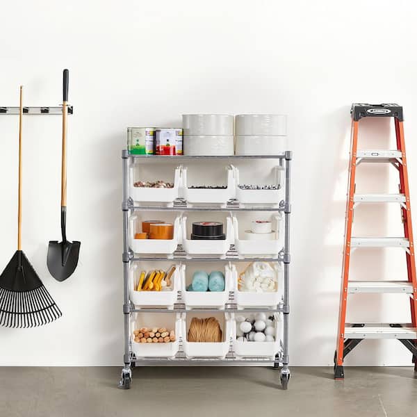 5-Tier Rolling Bin Storage Rack with Wheels, 12 Organizer Bins, Steel Wire Tool Organizer for Garage Office, 45 Gal.