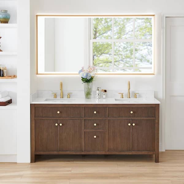 Cerrito 72 in. Double Sink Freestanding Brown Oak Bath Vanity with Grain White Engineered Stone Top Assembled and Mirror