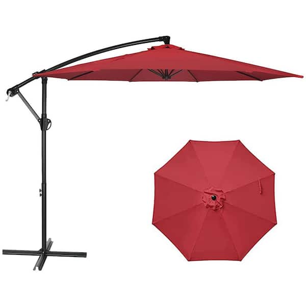 Unbranded 10 ft. Metal Cantilever Patio Umbrella in Red with Crank and Cross Base