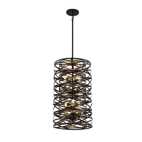 Vortic Flow 6-Light Dark Bronze with Mosaic Gold Interior Pendant