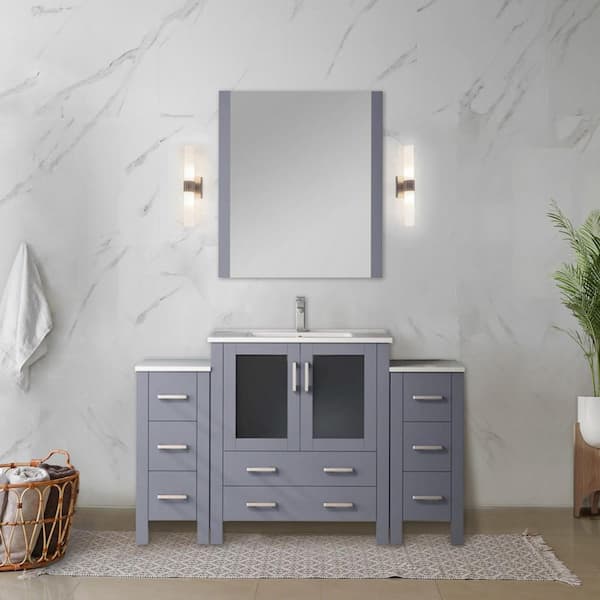 Volez 54" W x 18.25" D Dark Grey Single Bath Vanity with Side Cabinets, White Ceramic Top, Faucet Set, and 28 in Mirror