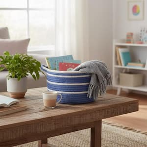 Tex Blue and White 10 in. x 5 in. Cotton Decorative Baskets with Integrated Handles (Set of 3)