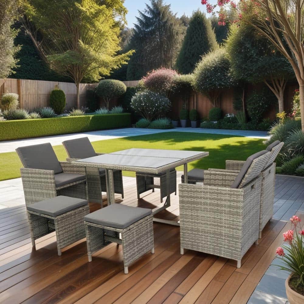 9-Piece Outdoor Rattan Patio Seating Set with Dining Table and Backrest Con